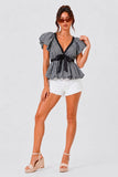 Brown Gingham Bubble Sleeve Tie Top