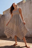 Brown Mixed Stripe Linen Midi Dress