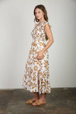 Brown Floral Leaf Print Smocked Midi Dress