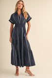 Navy Smocked Waist White Piping Midi