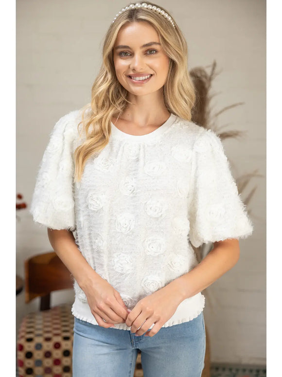 Ivory 3D Floral Puff Sleeve Top