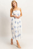 Blue & White Embroidered Leaf Print Dress
