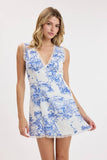 Blue & White Print V-Neck Dress