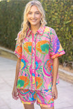 Neon Pink Piped Patterned Collared Top