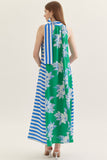 Blue & Green Contrast Striped MIdi Dress