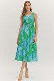 Green & Blue Belted Midi Dress