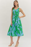 Green & Blue Belted Midi Dress