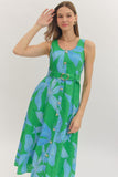 Green & Blue Belted Midi Dress