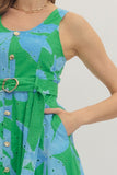 Green & Blue Belted Midi Dress
