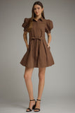 Brown Tie Waist Collared Dress