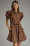 Brown Tie Waist Collared Dress