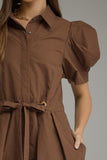 Brown Tie Waist Collared Dress