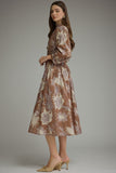 Mocha Floral Long Sleeve Midi Dress