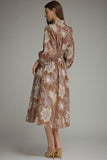 Mocha Floral Long Sleeve Midi Dress