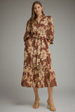Brown Floral Print Ruffle Midi