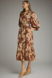 Brown Floral Print Ruffle Midi