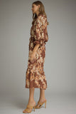 Brown Floral Print Ruffle Midi