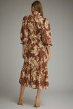 Brown Floral Print Ruffle Midi