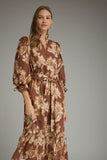 Brown Floral Print Ruffle Midi