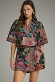 Black & Green Pattern V Neck Top