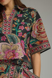 Black & Green Pattern V Neck Top