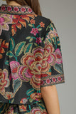 Black & Green Pattern V Neck Top
