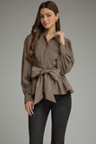 Brown Bow Balloon Sleeve Top