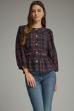 Plaid Gold Button Puff Sleeve Top