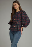 Plaid Gold Button Puff Sleeve Top