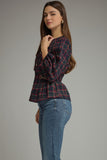 Plaid Gold Button Puff Sleeve Top