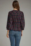Plaid Gold Button Puff Sleeve Top