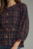 Plaid Gold Button Puff Sleeve Top