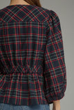Plaid Gold Button Puff Sleeve Top