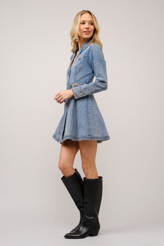 chinese dress ladies Buckle Wrap Denim Long Sleeve Dress – Fashion Cupcake