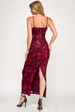Wine Floral Embroidered Maxi Dress