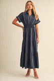 Navy Smocked Waist White Piping Midi