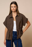 Brown Front Zipper Closure Collared Drawstring Top