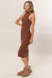 Chestnut Ribbed Mock Neck Fitted MIdi Dress