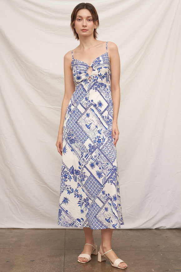 blue pattern midi dress Miss Circle Paloma Blue Print Linen Corset Draping Top Midi Dress XS