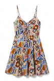 Brown & Blue Printed Tie Front Dress