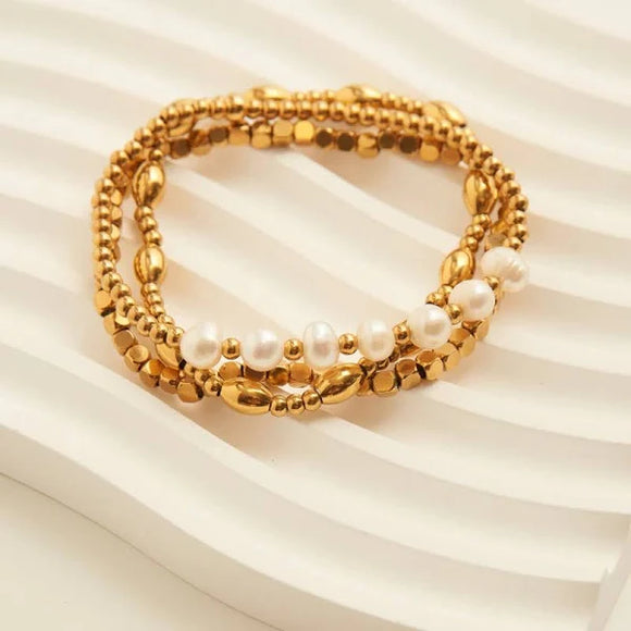 Gold - Waterproof Multi Pearl Stretch Bracelet Set