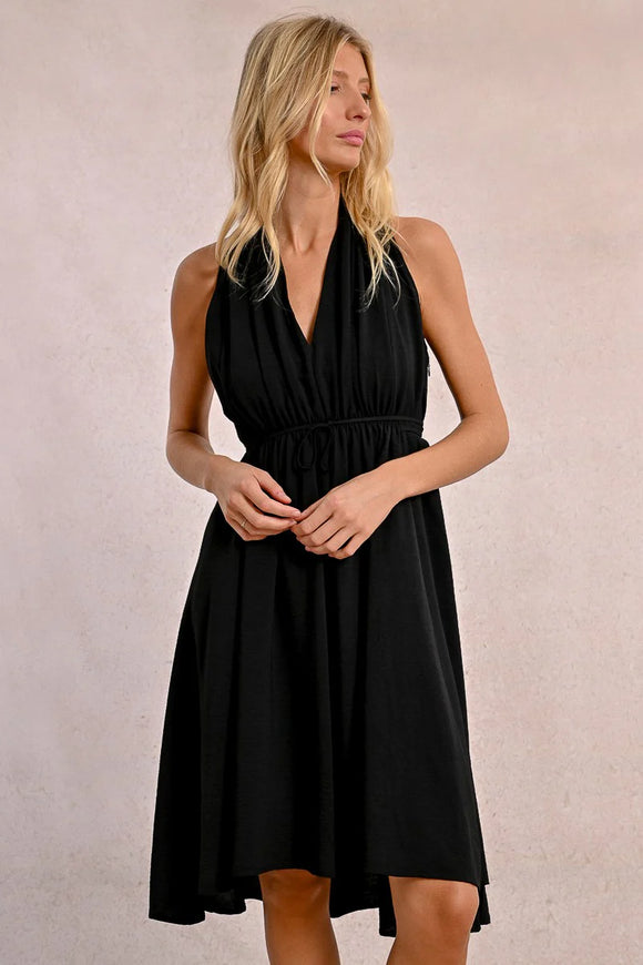 Black Pleated V-Neck Dress
