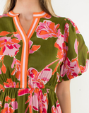 Olive Green & Orange Floral Midi