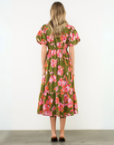 Olive Green & Orange Floral Midi