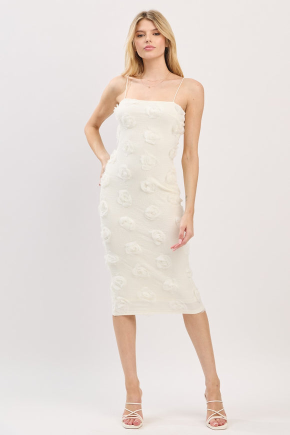 Ivory Textured Floral Midi Dress
